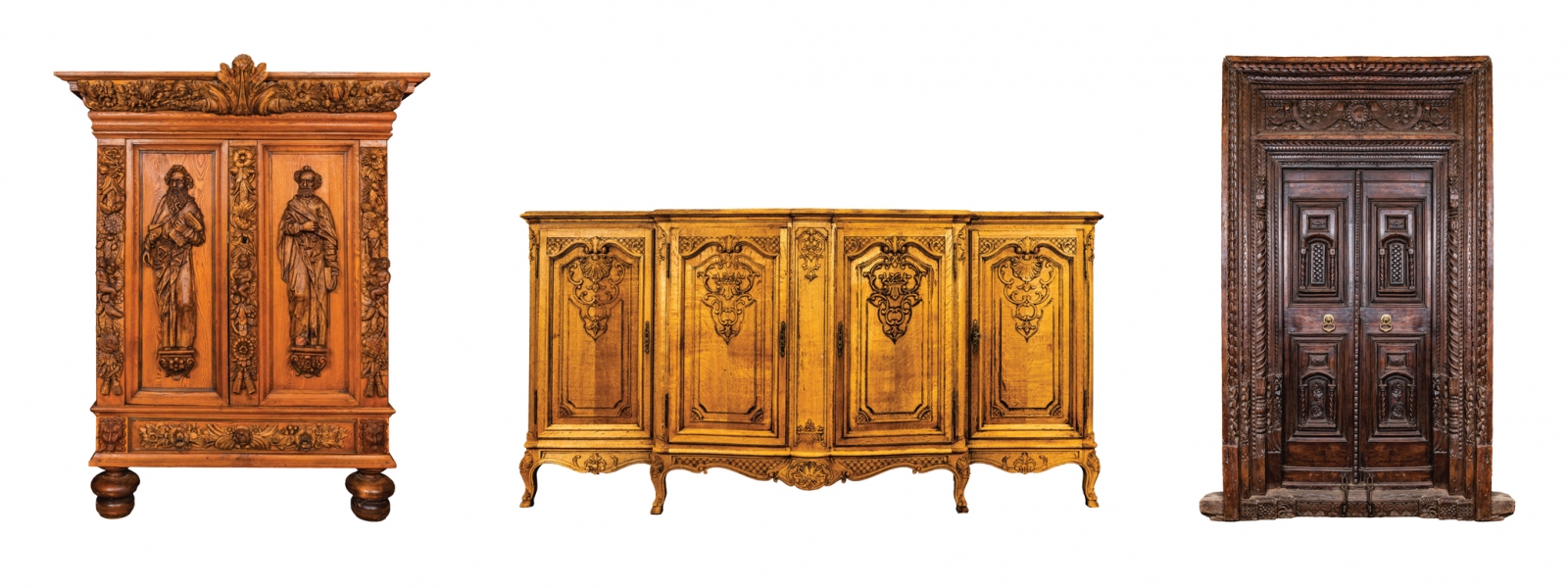 Baroque-era carved cabinet, $9,500; Antique French bleached buffet, $2,950; Carved teak doors with surround, $10,900