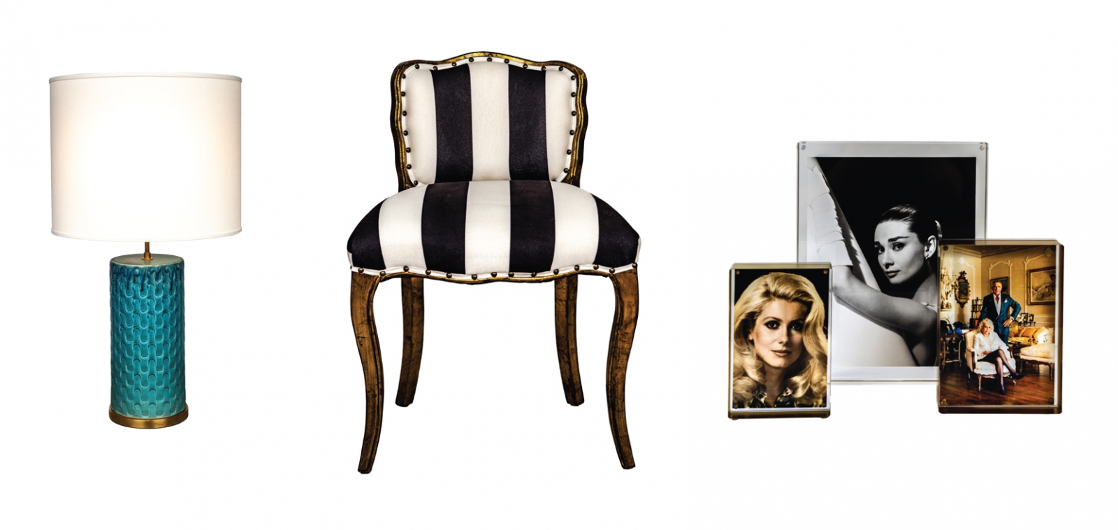 Large table lamp in turquoise, $880; Black and white striped chair with gilt legs, $535; Acrylic magnet frames, $25-$115