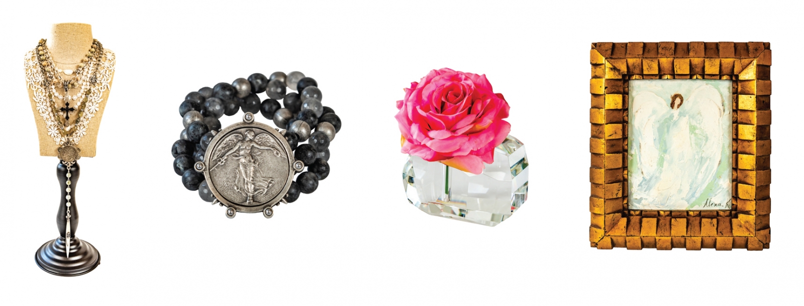 French Kande necklaces, cross and labradorite, $365 and $290; French Kande angel bracelet with slate beads, $270; Faceted bud vase and tea light holder, $175; Original angel oil painting by Alexa K., 13x15, $325