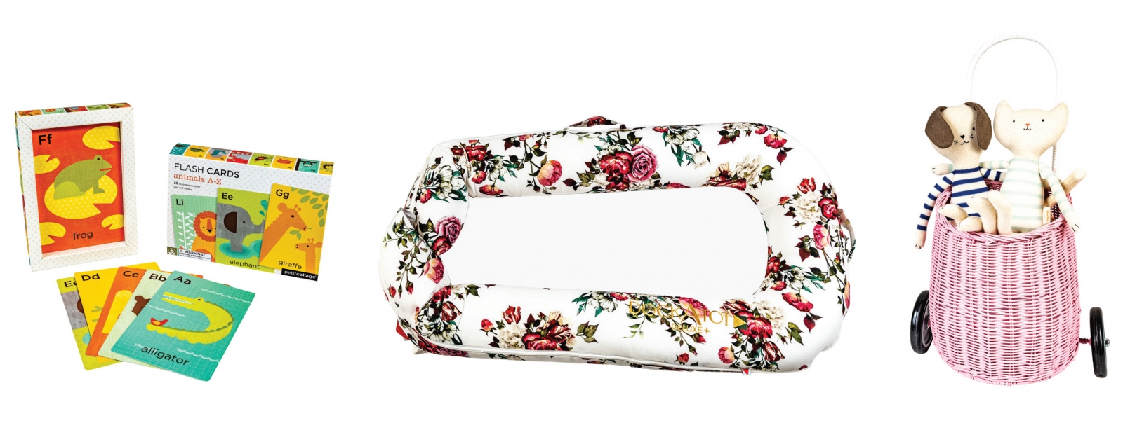 Petit Collage flash cards, $14 “Bright and cheerful cards are ideal for learning your ABCs.”; DockATot, $195 “This is a must-have for all new parents. Dock your tot in a pretty print.”; Olli Ella Luggy baskets, $80; Meri Meri organic knit dolls, $28 “Is there anything cuter than this basket? Perfectly sized for your tot to store their favorite things.”