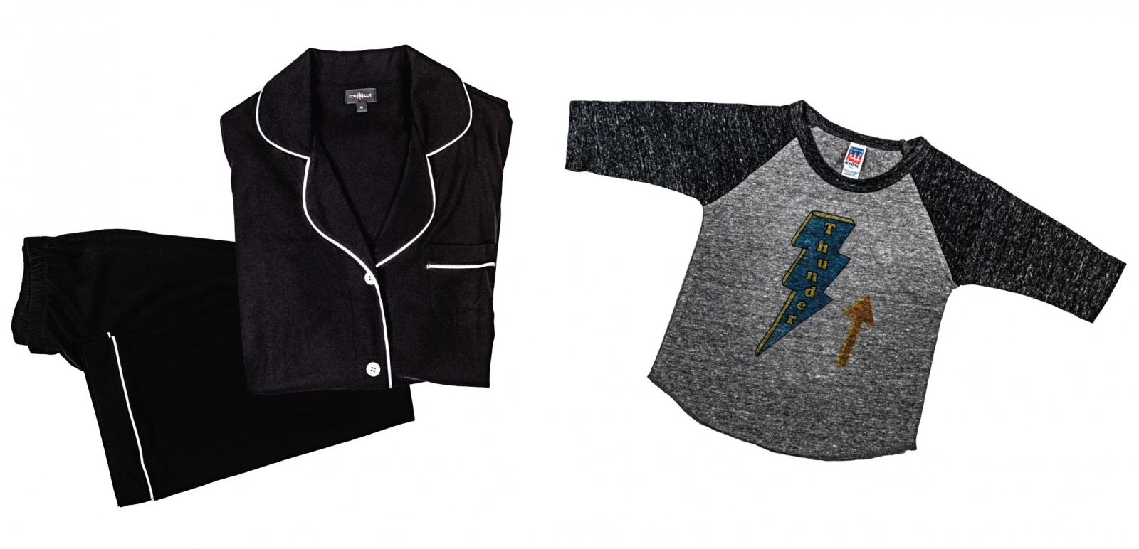 Cosabella pajama set, $130 “Classic and chic, made of the softest blend of pima cotton, you won’t want to take these off.”; Orangeheat Thunder Up tee, $40 “Our best-seller in organic cotton is perfect for the tiniest fans.”