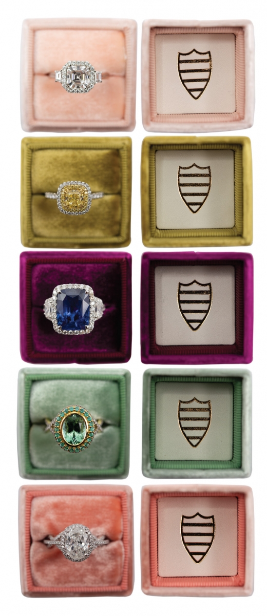 (top to bottom) From BC Clark: 18k white and rose gold ring with cushion-cut Morganite, accented with pink and white diamonds; Platinum diamond ring with asscher-cut diamond accented with two trapezoid diamonds; Platinum and 18k yellow gold ring with “fancy yellow” cushion-shape diamond, accented with white and yellow diamonds; From Diamonds Direct: 18K white gold ring with cushion-cut blue sapphire, accented with diamonds; From Naifeh Fine Jewelry: Mint green tourmaline surrounded by a halo of Paraiba tourmaline set in 18k yellow gold; Oval-shaped diamond in a halo of diamonds