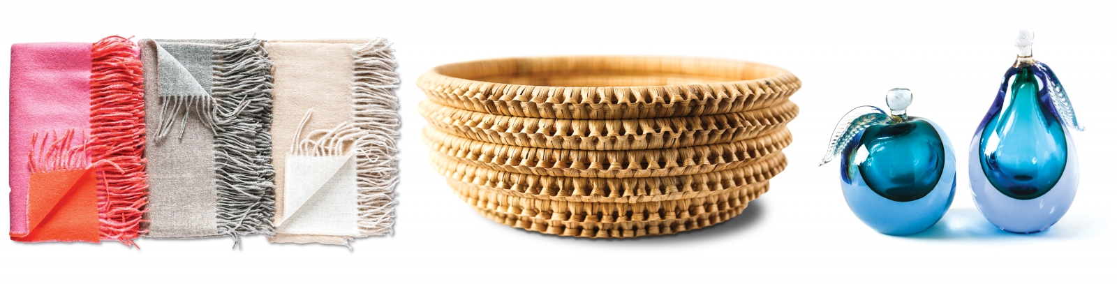 Alicia Adams reversible alpaca classic throw, $445 “Evoking comfort is important in decorating a room, and a cozy throw is the perfect accessory, whether the temps are frigid outside or your AC is blasting inside.”; Kenis braided bowl by Palecek, $359 “You really can never have too many baskets, and this braided beauty would look great filled with orchids, fruit or magazines.”; Murano glass bookends, pair $975 “We have a beautiful collection of mid-century Murano glass in the shop; this apple and pear pairing would look stunning on a bookshelf or coffee table.”