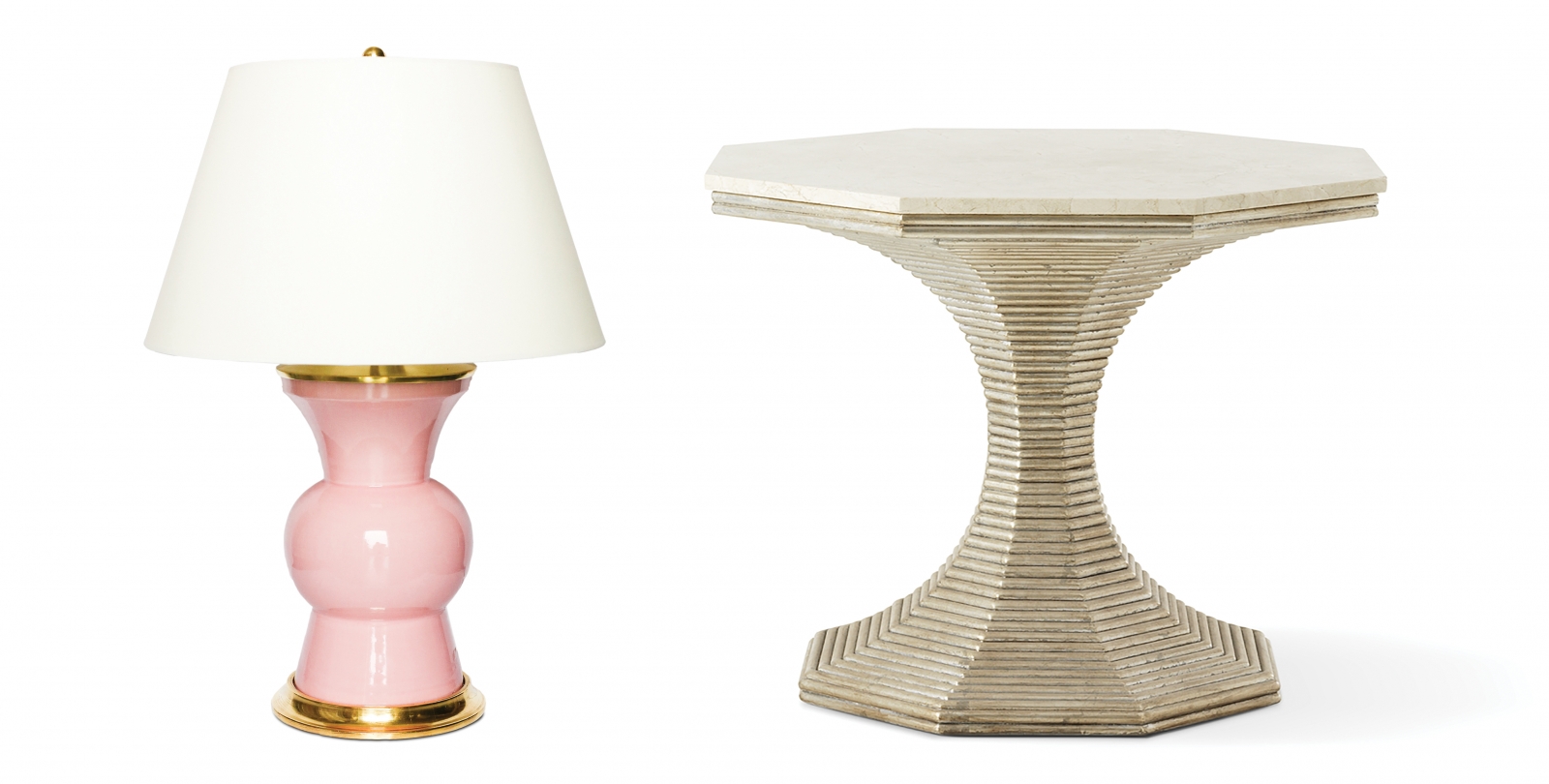 Gregory lamp by Christopher Spitzmiller in shell pink, $3,065 “Classics that will endure are always in style. We have been using Christopher Spitzmiller lamps in our projects since the mid-’90s. The timeless shapes and fabulous range of colors breathe life into a room.”; Bunny Williams Home silver hourglass table, $4,800 “Bunny Williams’ hourglass table has become a go-to for decorators. It comes in both gold and silver patina and is the perfect size for a lamp, a cachepot and some books. We love it!”