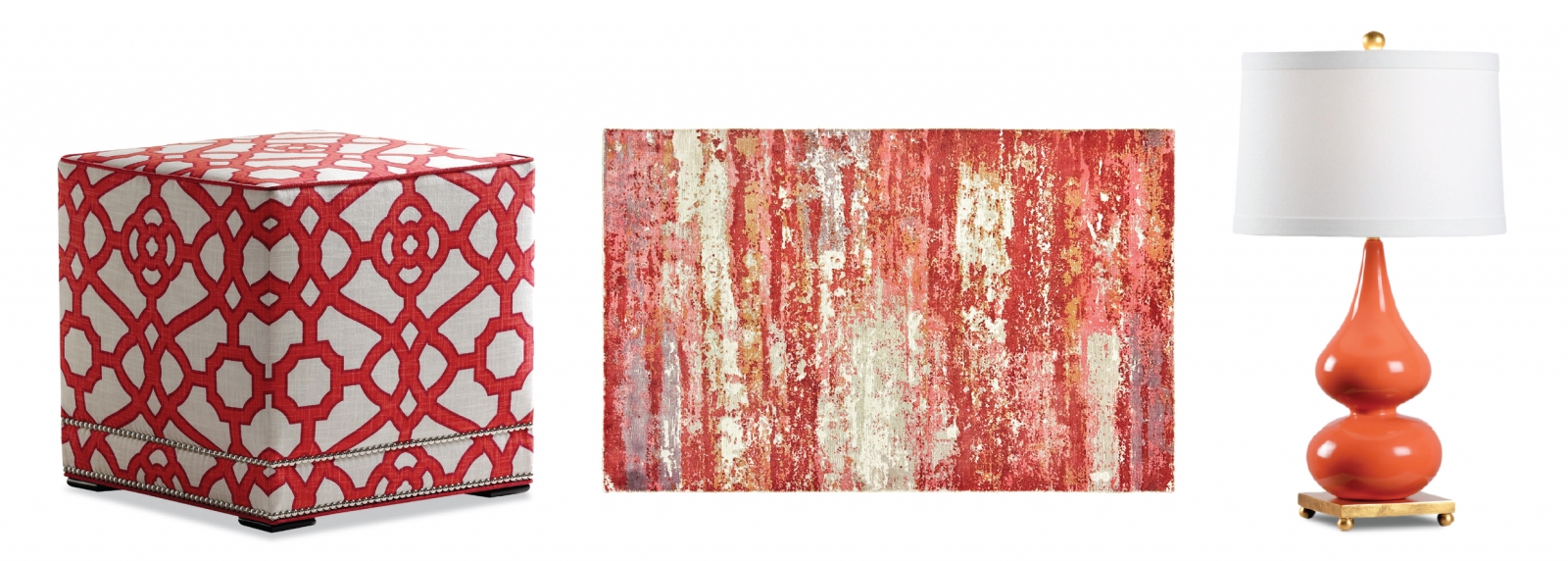 From Mister Robert: Hand-loomed, organic abstract pattern rug, $2,955; Double gourd ceramic silhouette lamp with coral reef glaze on gold leaf mount, $395; Lulu table ottoman, $595