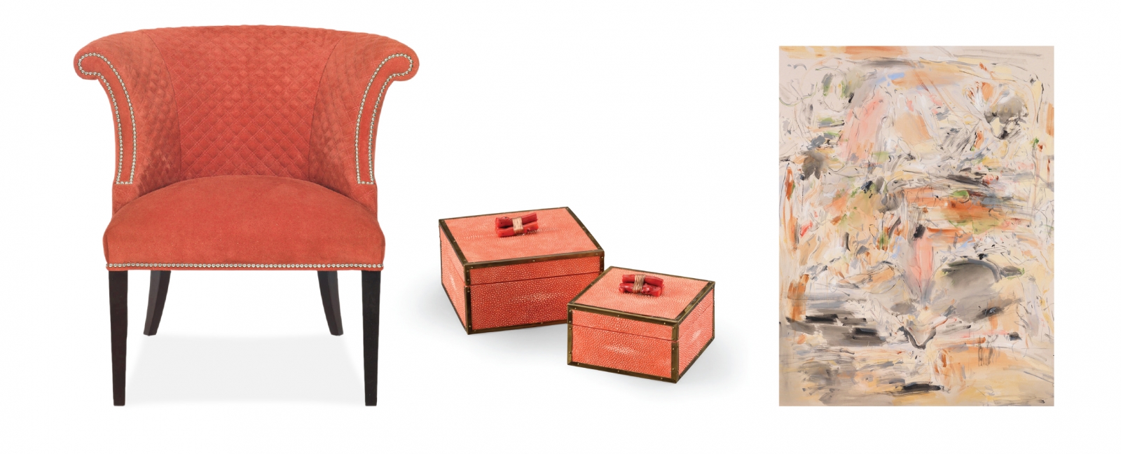 From Henry Home Interiors: Kyra quilted chair, starting at $1,965; Original artwork by Carol Hu, $2,495; Coral accent boxes, $445
