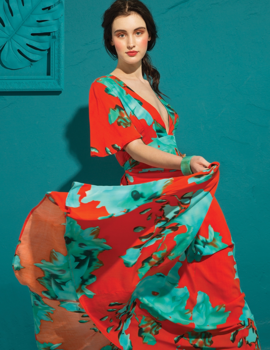 On The Road resort floral dress from rosegold; Turquoise cuff from The Black Scintilla; Nach giraffe cuff from Gretta Sloane