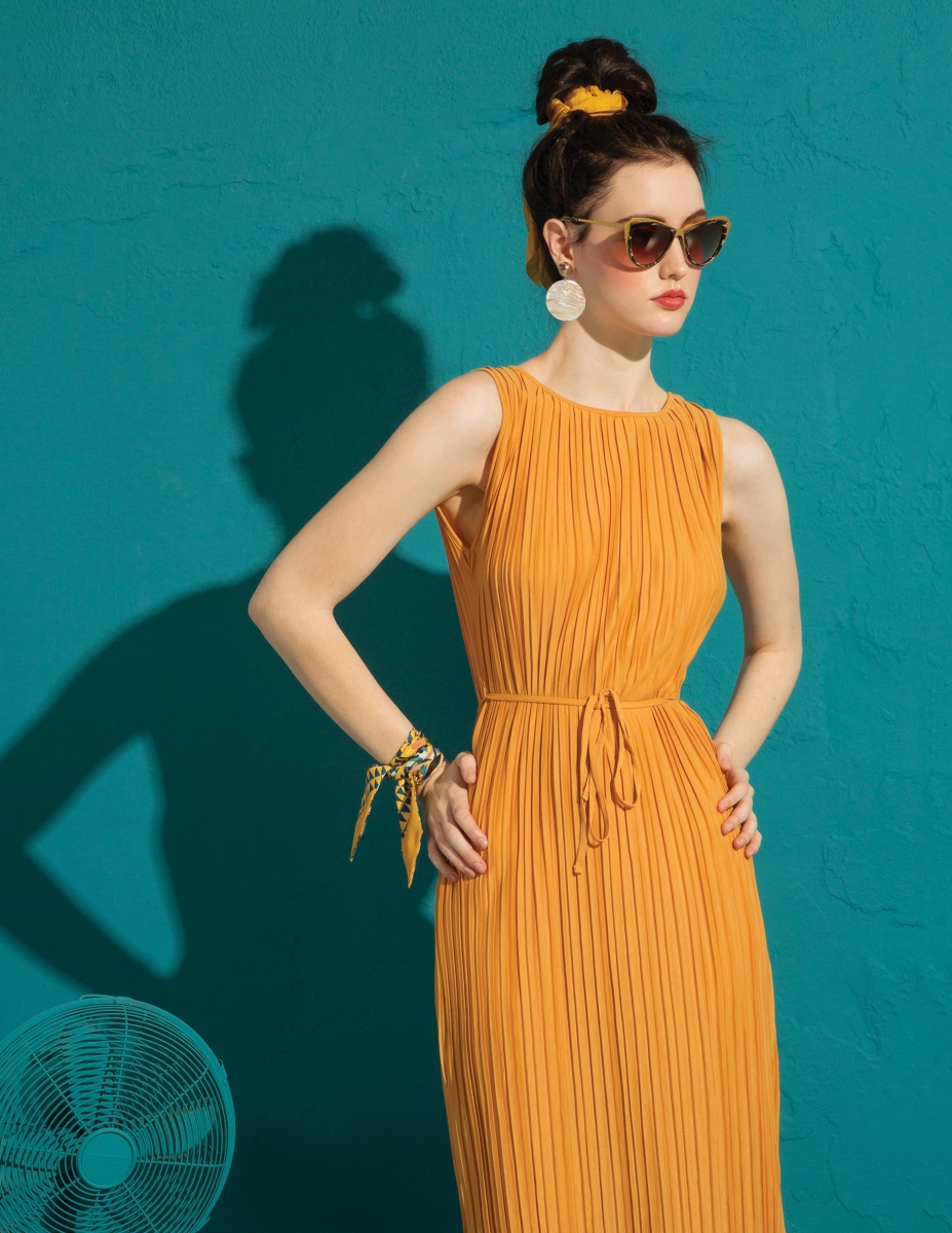 Pleated dress in yellow from UNIQLO; Crystal ball earrings and scrunchie ribbon in mustard from Siempre Viva; Salvatore Ferragamo mini scarf in yellow from Balliets; The Composite 1961 sunglasses from TSO Optical