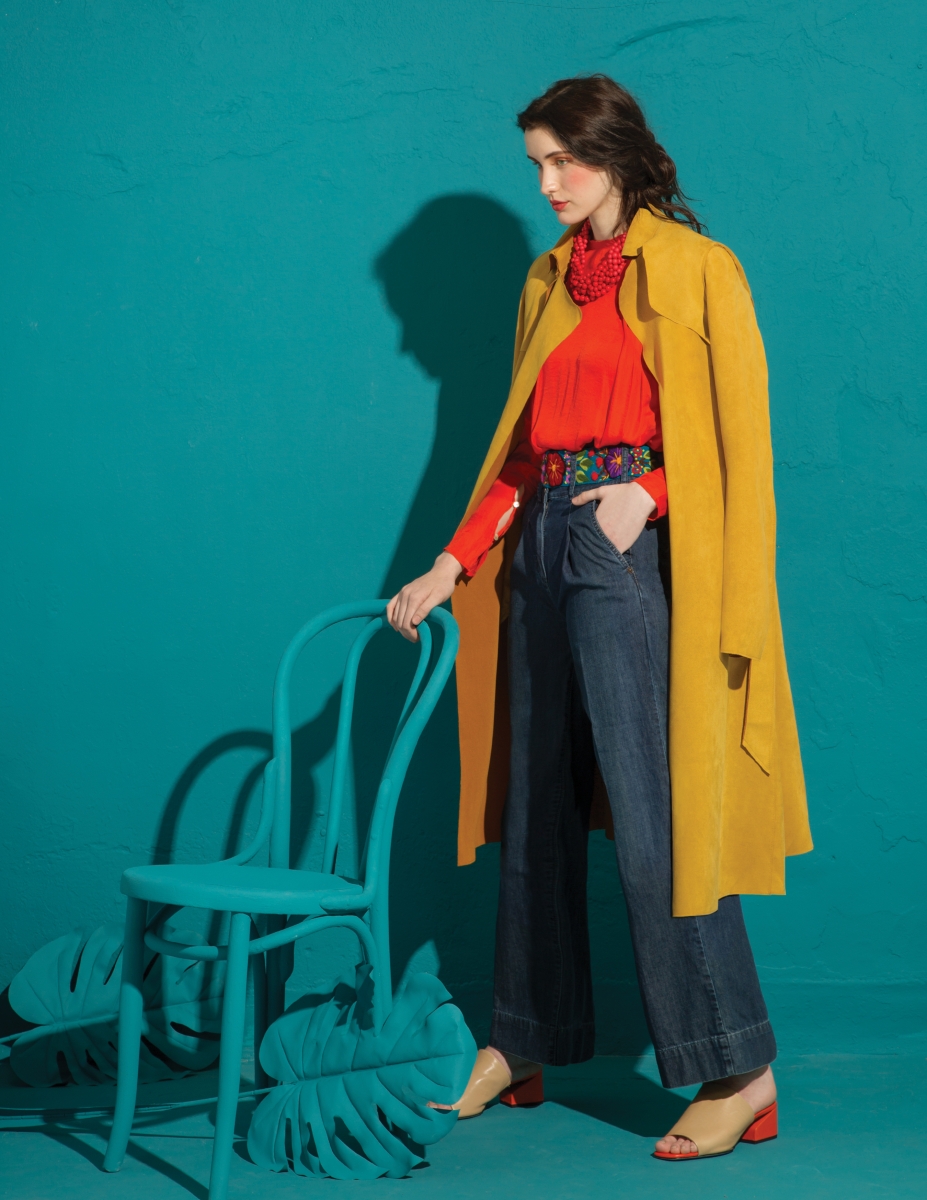 Just Female Roksan trouser jeans and dRA Esmeralda top from rosegold; Reset by Jane faux suede trench coat in mustard and beaded necklace from The Black Scintilla; Via Spiga Porter in straw and sun orange from Betsy King a Shoe Boutique