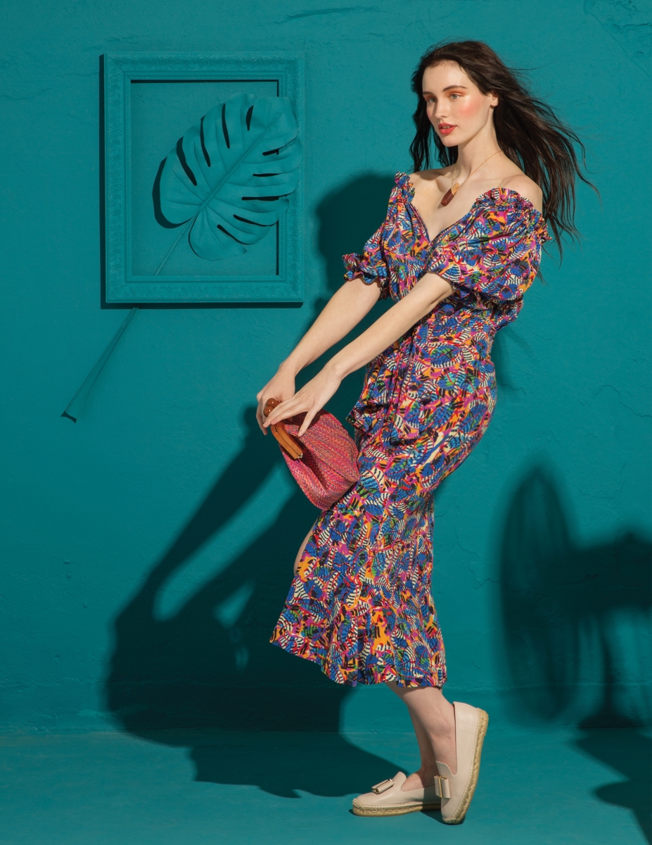 Saloni Olivia dress in multi and Salvatore Ferragamo Sannio jasmine shoes from Balliets; Purse and wood and resin necklace from The Black Scintilla