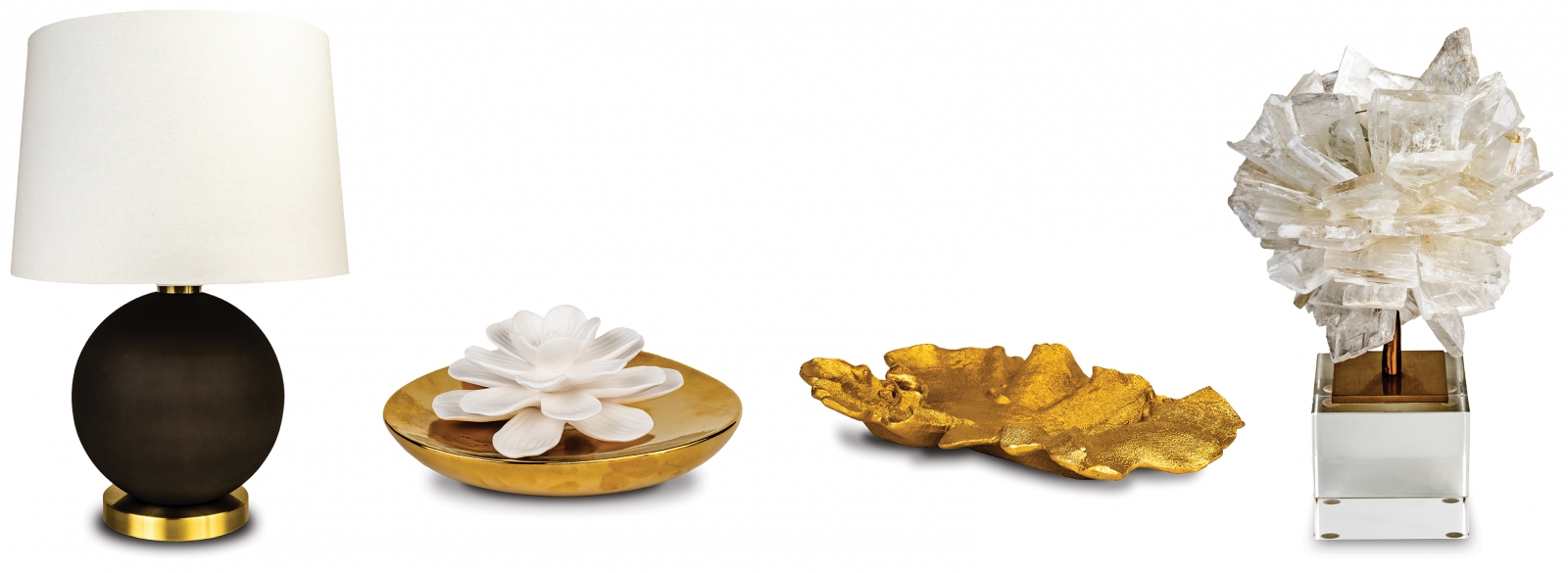 Matte gray round glass lamp with gold base and white shade, $229 “It is a very current style with a classic vibe.”; Dream Flower porcelain diffuser with gold base, $95 “This diffuser is sure to brighten up any room with its wonderful floral fragrance and beautiful design. It’s such a beauty, and it smells amazing.”; Freeform gold coral tray, $99 What can you say about an accent piece this stunning? Ask Clark: “So gorgeous.”; Floating agate votive holder with crystal base, $249 Don’t be surprised when this beauty draws comments – it’s “form and function perfection,” according to Clark.