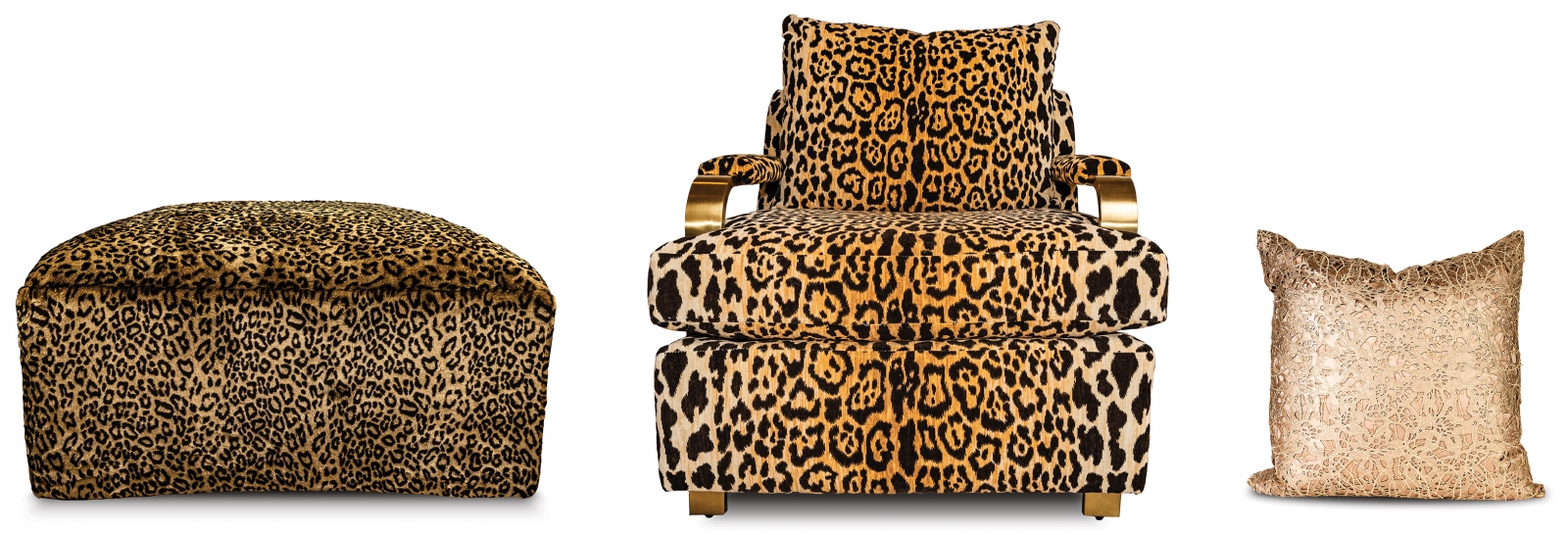 37-inch leopard ottoman, $1,079 An ideal companion for the chair to make your decor even more wild, Clark calls it “a great accent for any room.”; Leopard chair with gold armrests and nailhead accents, $2,870 “Comfort and style all in one,” Clark says of this eye-catching seat.; Throw pillow, $169 “Beautiful blush lace on the front, velvet on the back – it’s so versatile. The perfect accent for any sofa, chair or bed.”