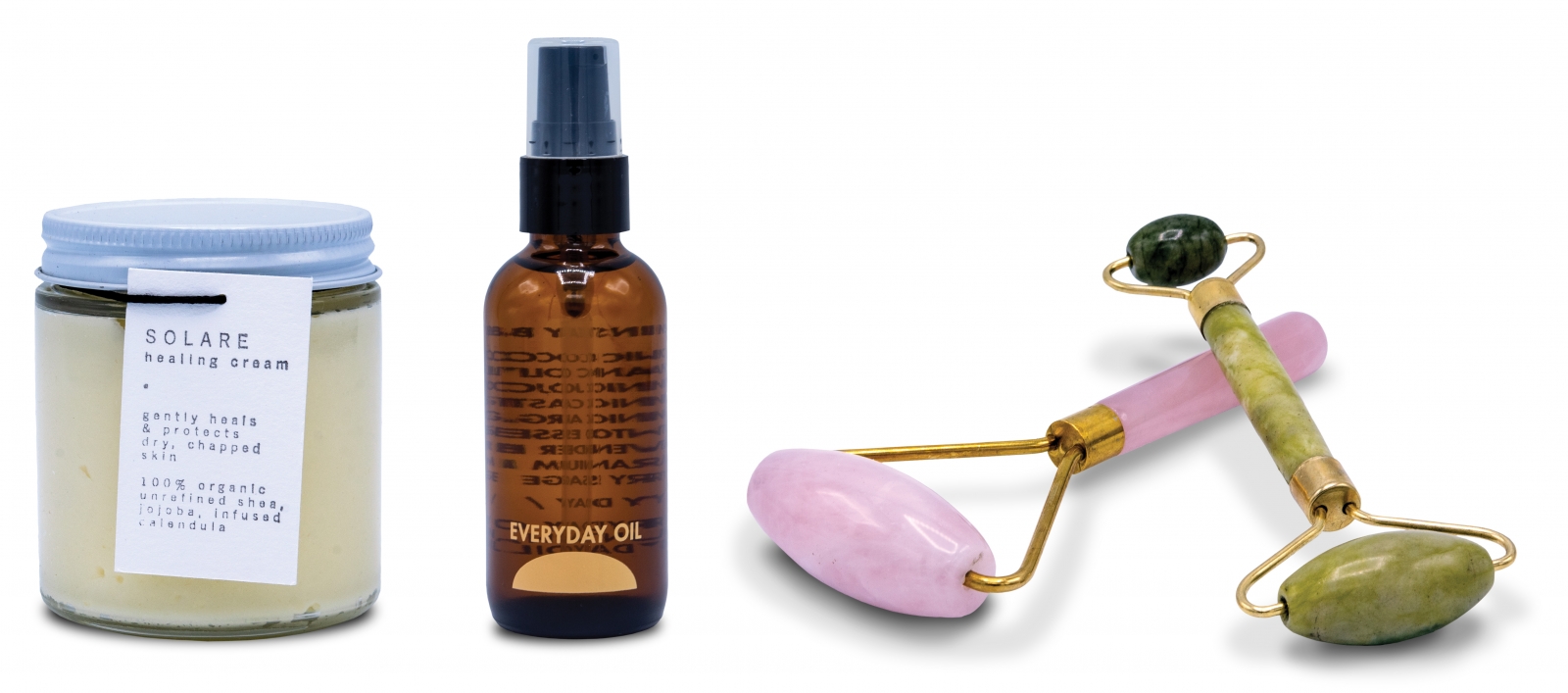 From Solare Solare healing hand cream, $26; Everyday Oil, 2oz $22, 8oz $48; Rose quartz and jade facial rollers, $32 and $24