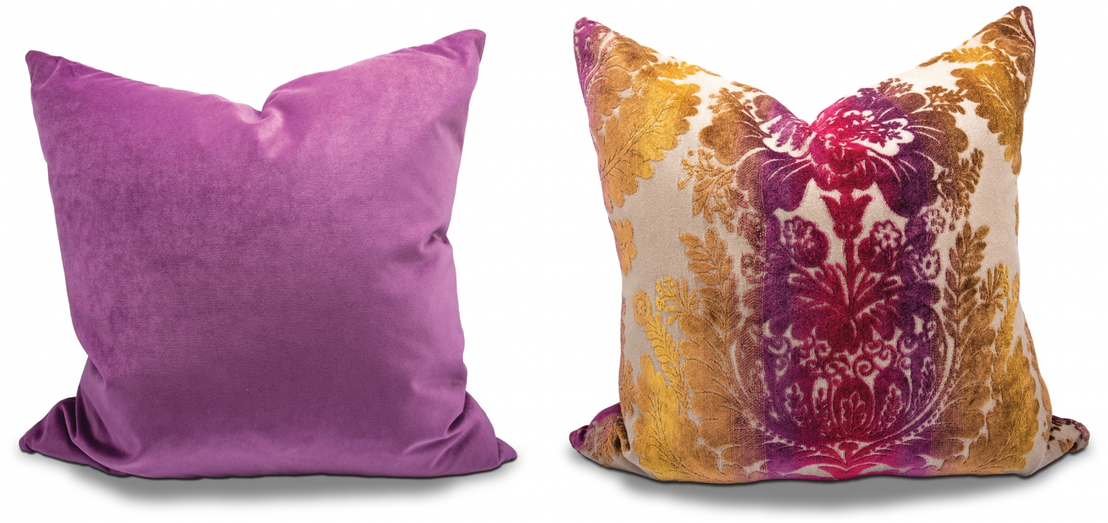 From Chateau Design & Interiors: Purple velvet pillow, $150; Ombre velvet pillow, $189