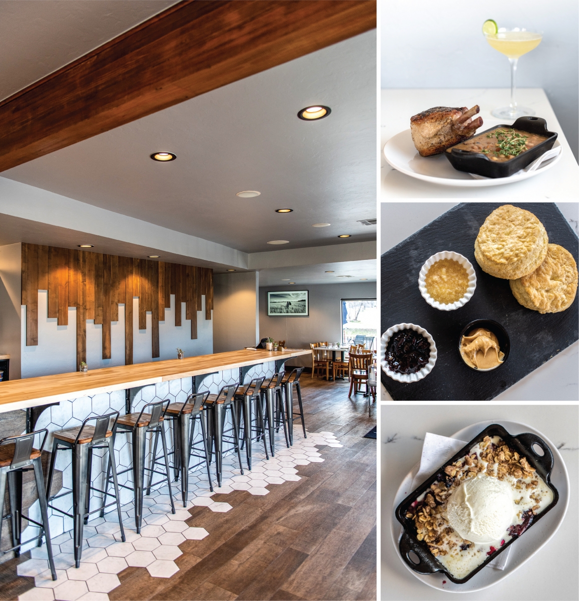 (clockwise from this photo) Ample bar seating, Cheshire pork rack with cowboy cassoulet, buttermilk biscuits and crumble a la mode