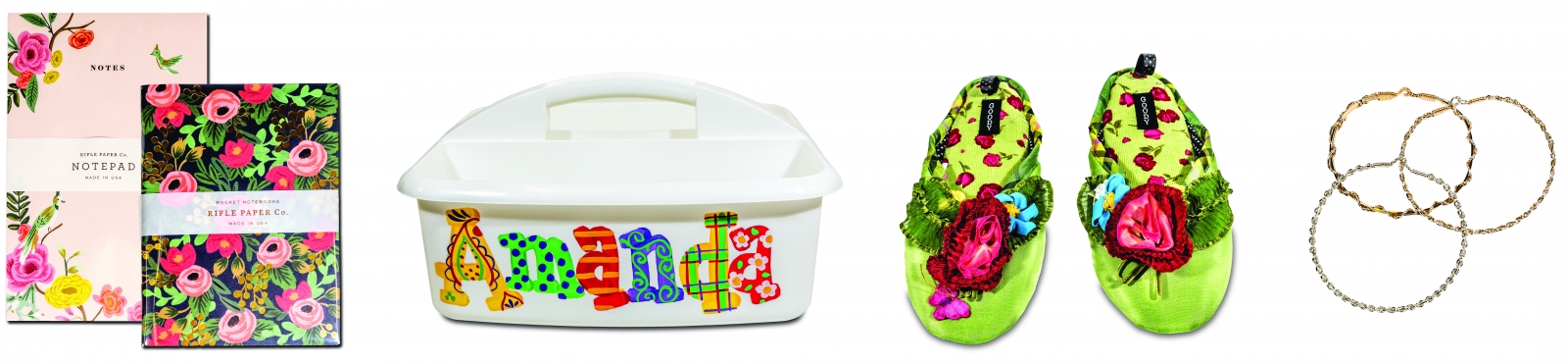 Rifle Paper Co. set of two pocket notebooks, $11.50 “Made in the U.S., these notebooks are great for throwing in a handbag or in your car for jotting down notes.”; Hand-painted shower caddy, starting at $25 “Personalized and hand-painted by artists at Christmas Expressions, these caddies are great for the dorm rooms. They look so cute to load up with goodies for the grads.”; Goody Goody house shoes, $50 “Add a little whimsy to your feet. These slippers are so comfortable and fun to wear! Suede bottoms are adorned with silk and velvet accents and a padded insole.”; Ronaldo Designer Bracelets, $79-$220 “Each bracelet is handmade in the U.S. of sterling silver and 14K gold artisan wire. Each bracelet has a special name and meaning that helps you tell your life story. These look great stacked with multiple bracelets.”