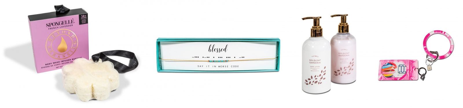 Spongellé body wash-infused buffer, $17.50 “Oh my – these flowerettes are infused with yuza, edelweiss and vetiver to moisturize, soften and cleanse your skin. Cleanse, exfoliate, massage and nourish all at one time. Tons of great scents.”; Dot & Dash Design Morse code necklace, $44 “Say it in Morse code as the perfect way to connect with a friend, sister or woman to feel special. These adorable necklaces are fabulous, thoughtful gifts. Custom orders also available.”; Thymes Goldleaf gardenia hand wash, $16.50 each “This duo makes a wonderful little gift. It is a modern-yet-timeless, feminine and delicate fragrance.”; O-Venture Big O keyring and ID holder, $25 each in silicone (also available in leather and vegan leather) “Great for the girl on the go! Slip your ID and cards into the pockets; the keyring is easy to find and slip over your wrist.”