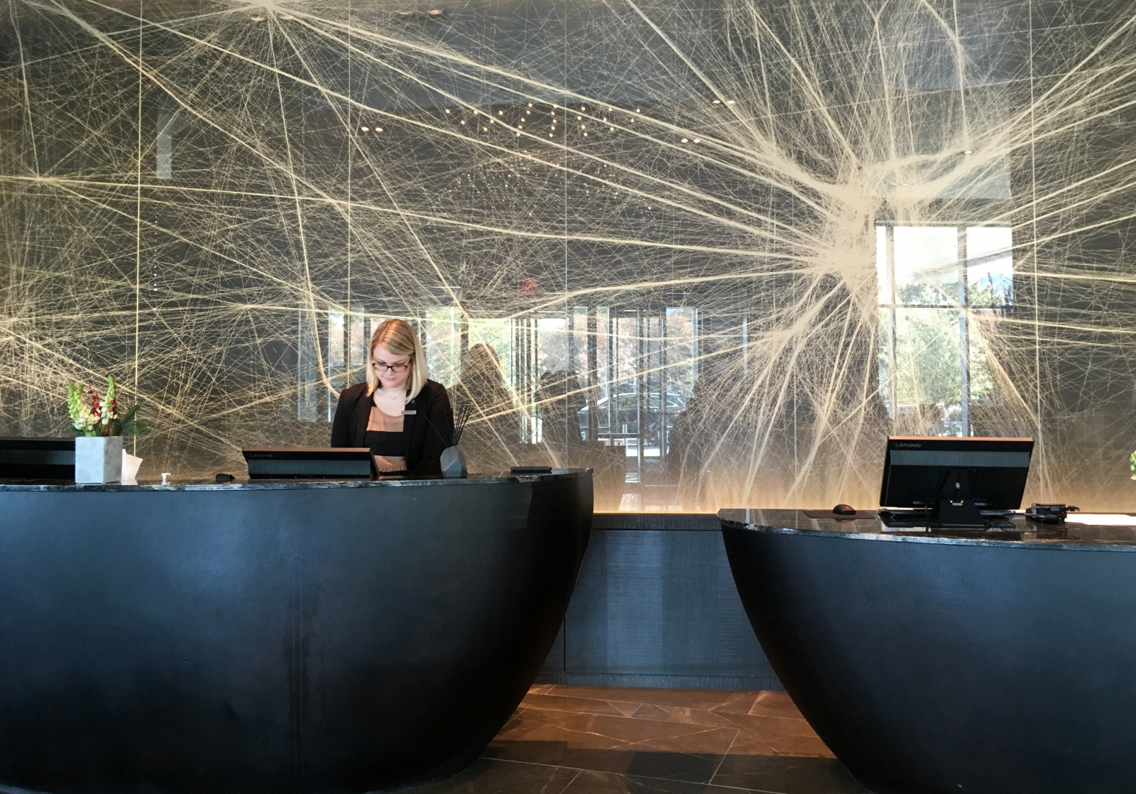 The stunning mural behind the registration desks at the Renaissance is actually a depiction of the flight patterns in and out of DFW. Photo by Elaine Warner
