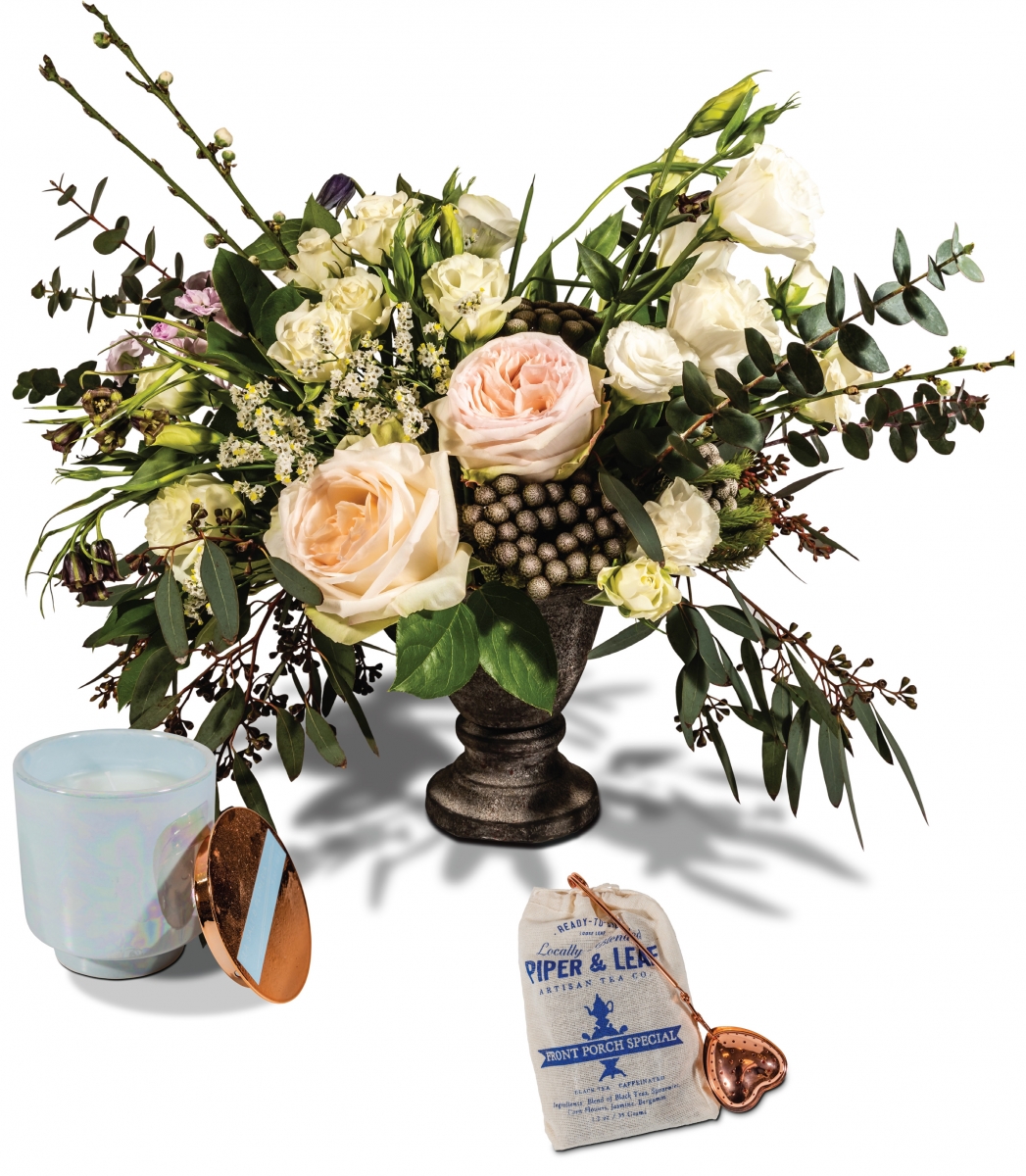 From The Flower Shop Fresh-cut flowers and arrangements, price on request; Sea salt and plumeria candle, $16; Piper & Leaf loose leaf tea, $12; From Twinkle Apothecary Rose gold heart tea infuser, $9.98