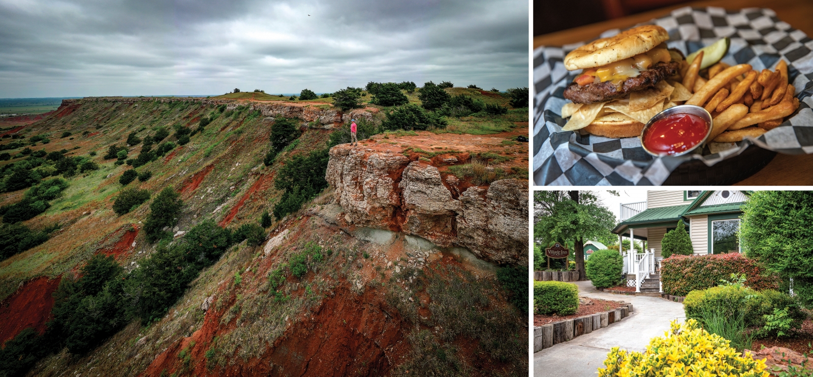 (Clockwise from left) Vista (above) overlooking Gloss Mountain State Park’s beautiful mesas. Nacho burger (right) at Callahan’s; Indian Creek Inn and Winery (below)