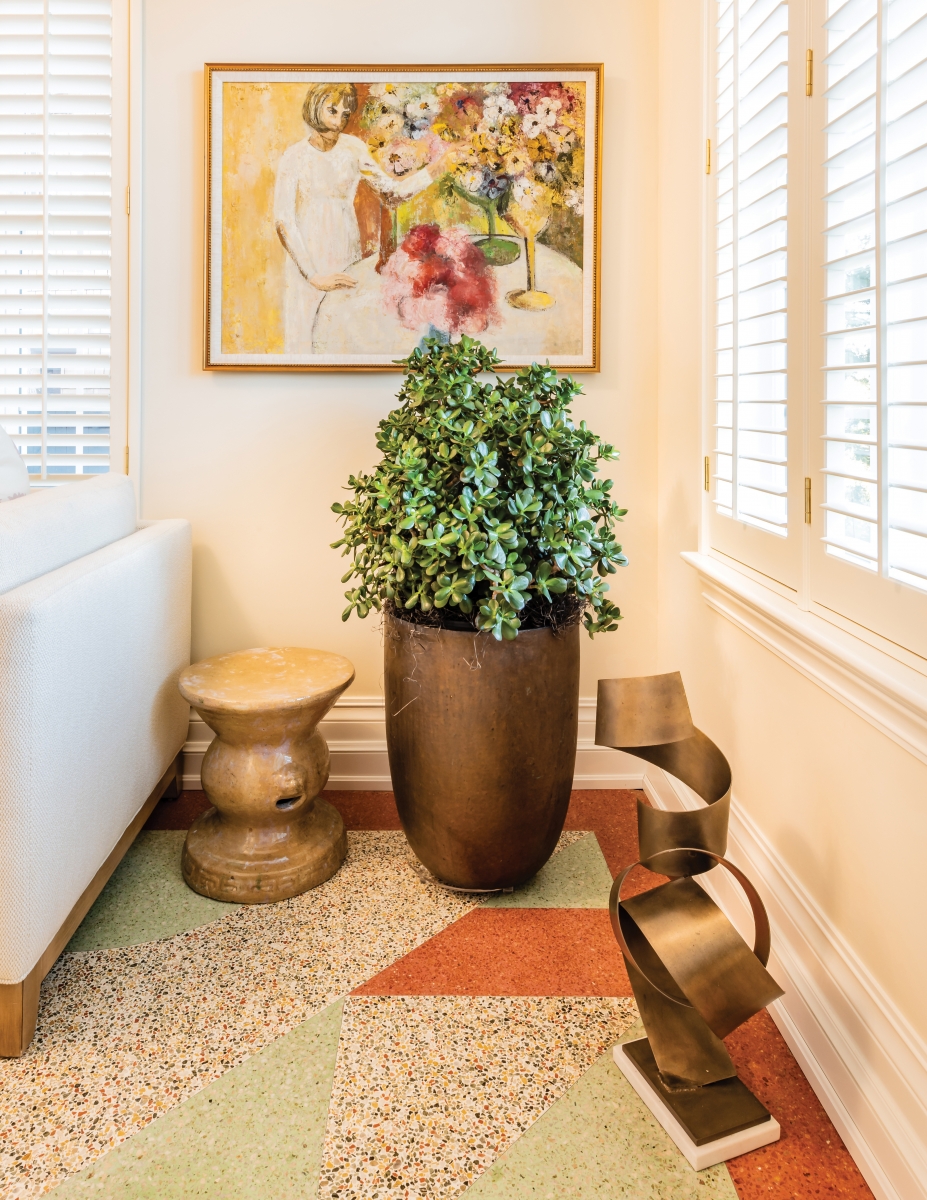 Original terrazzo flooring in the sunroom is a nod to Amy’s grandfather, whose work crew laid it. After a deep cleaning, the colors came back to life, and are a tangible reminder of the generations who have come before.