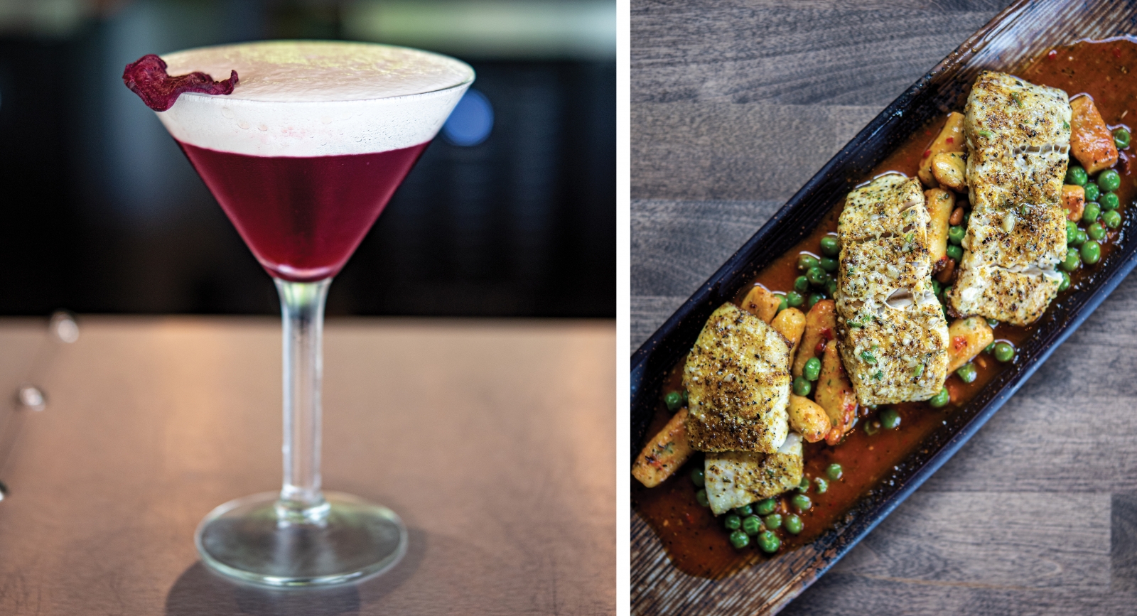 (L-R) Specialty cocktails include the Fantastic Beets; Barramundi fillets, gnocchi and peas tied together with an amazing sauce