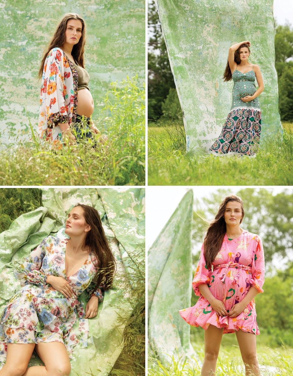 (clockwise from top left) Dizzy floral kimono by Millibon and sweater tank in olive by Love Tree from Gil’s Clothing & Denim Bar; Dress by Delfi Collective from Gretta Sloane; Floral knee-length dress in ivory by Alexis from Balliets; Ella dress by Rhode Resort from Balliets