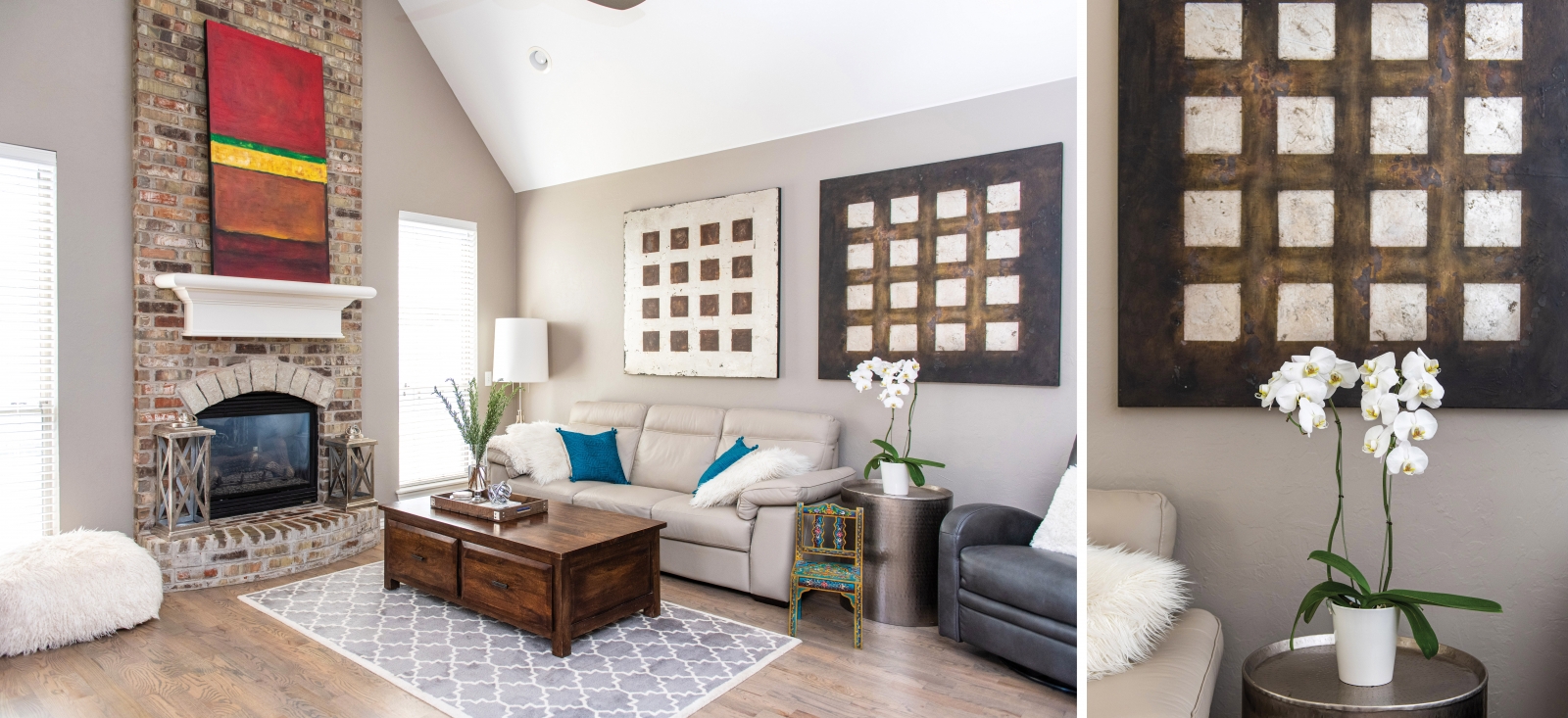 “Comfy and cozy” is how Myers and Schambach describe their den. A coffee table with big drawers holds games and arts and crafts. “We spend most of our time as a family in the den,” says Mark. Carefully chosen accents add character to the space.