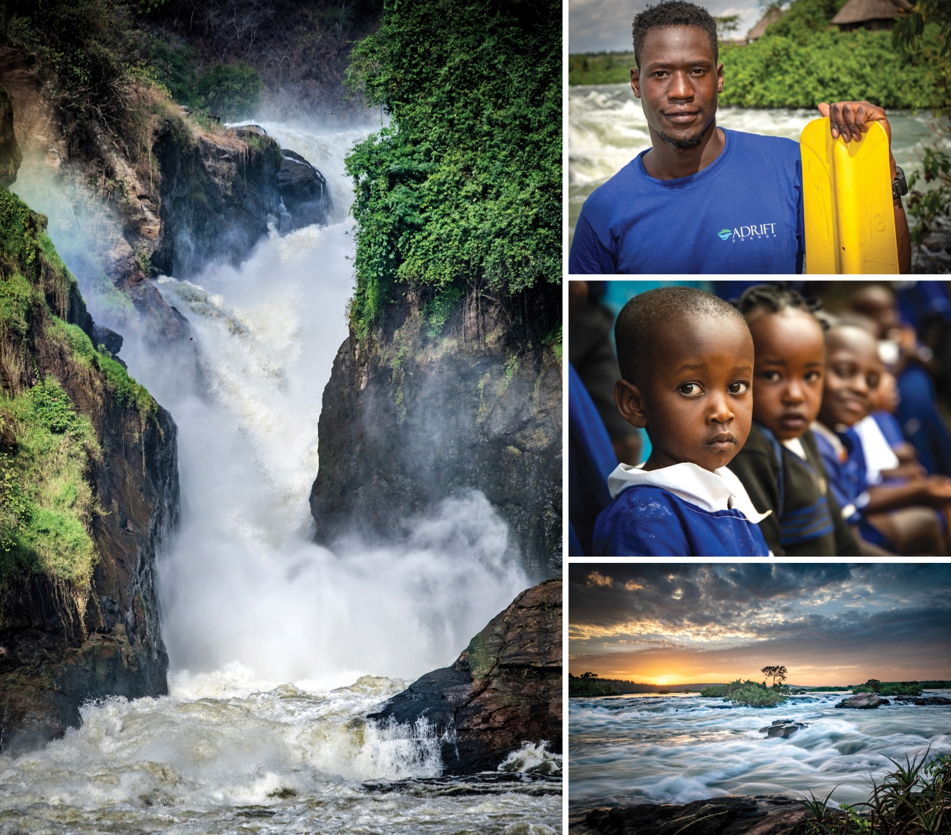 (clockwise from left) Murchison Falls at Murchison Falls National Park; Saidi, one of the Nile’s, and Uganda’s, best river guides; Guests can visit schoolchildren outside Bwindi Impenetrable Forest National Park; Sunrise at Lemala Wildwaters Lodge outside Jinja, Uganda’s adventure capital