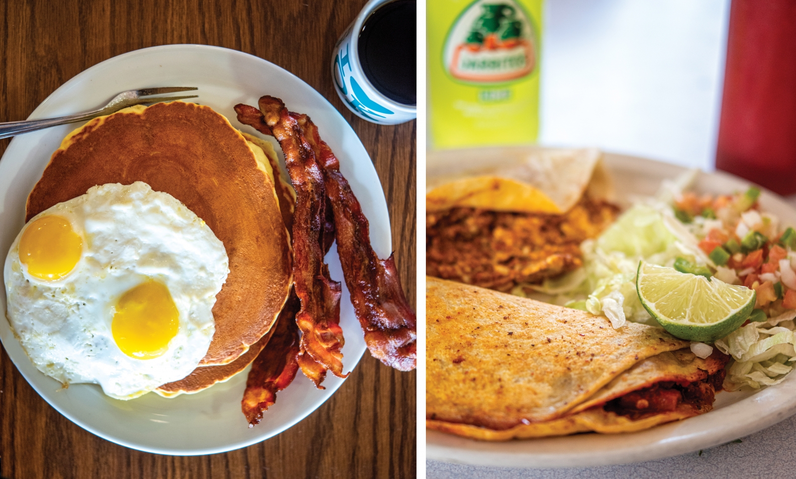 (From left) Breakfasts are hearty at Heather’s Place in the Yard; Los Comales does a bueno quesadilla.