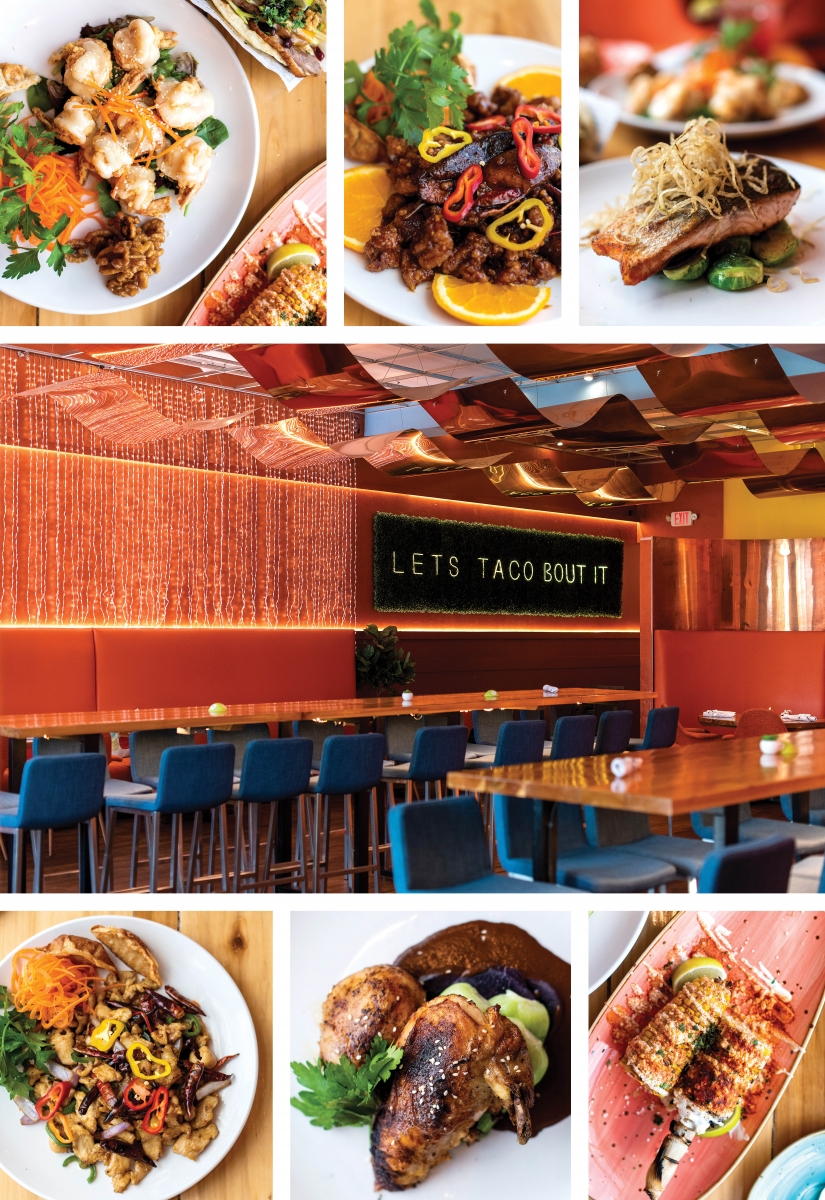 Clockwise from top left: Jumbo shrimp with candied walnuts, crispy orange chicken, crispy salmon with Brussels sprouts, the glittering decor includes a plea for greater and more delicious understanding, chili-dusted elote, roasted chicken in mole, Ma La chicken in a soy-wine reduction