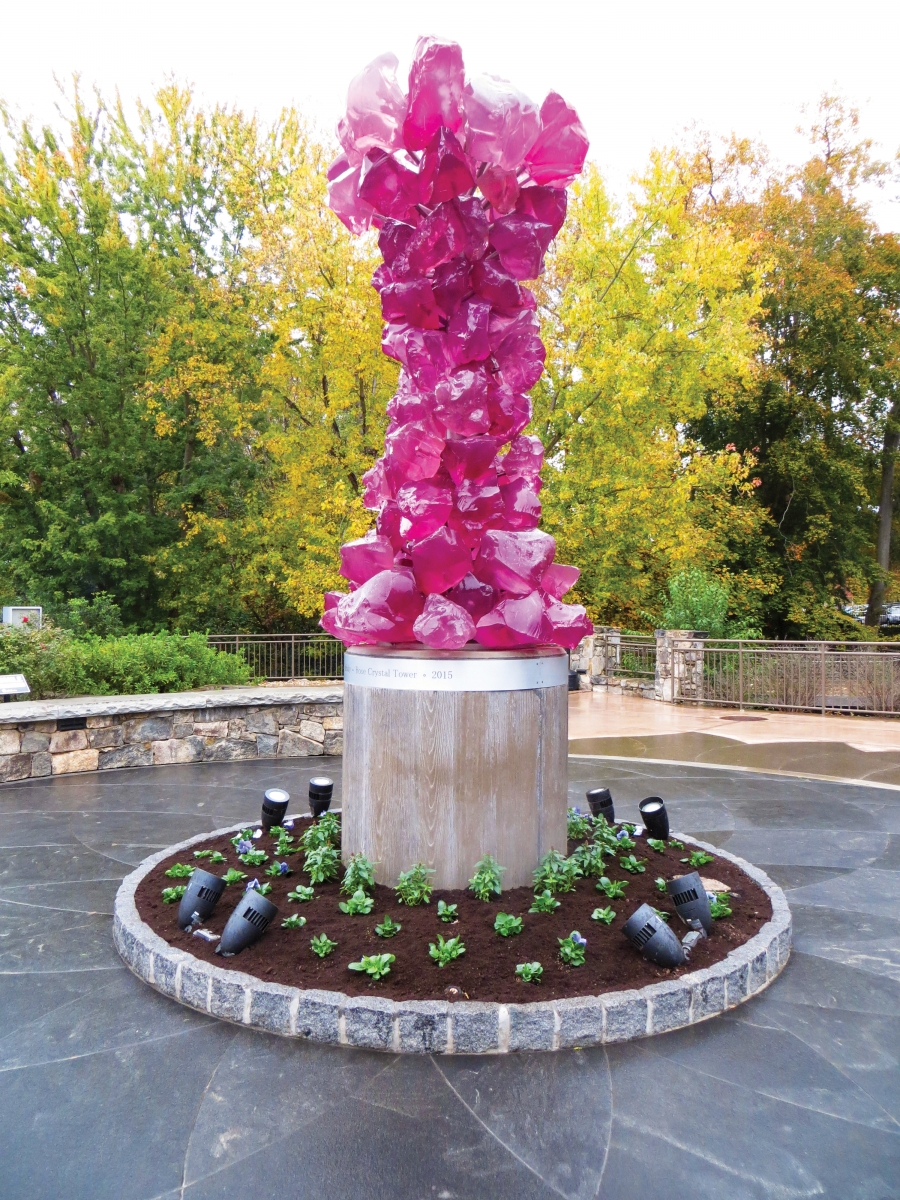 Dale Chihuly’s “Rose Crystal Tower” stands at the south end of Falls Park.