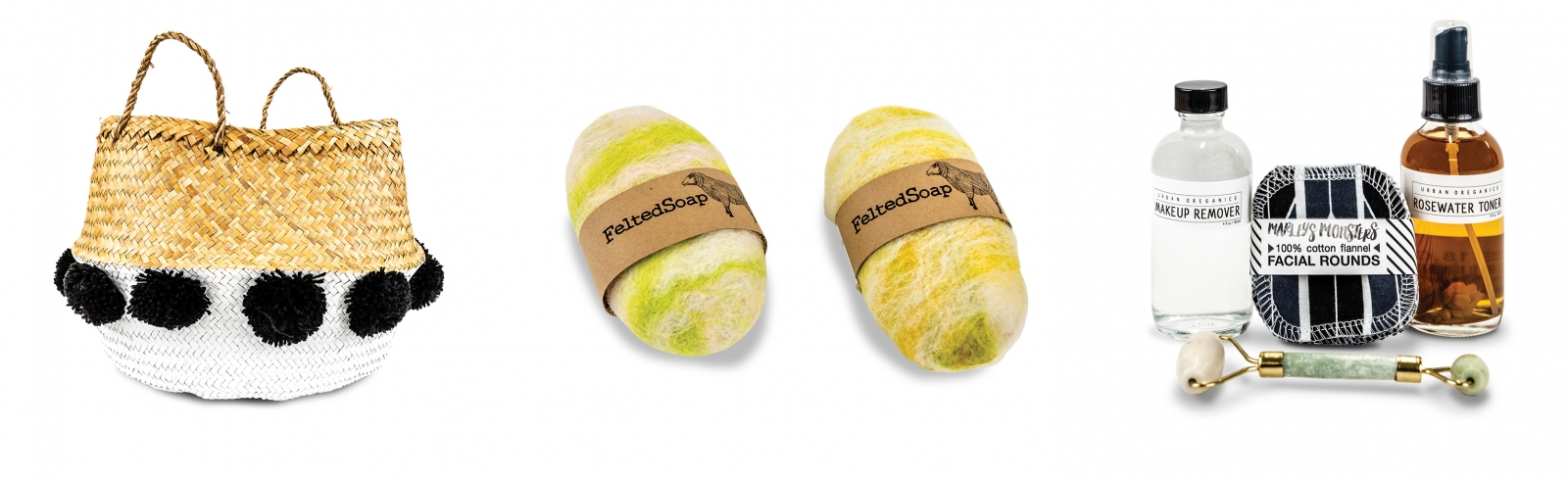 Tassel basket, $27.95 “Baskets are multi-functional and perfect for plants, toys, pillows, etc. – gotta have a cute one, though.”; Felted soap, $7.95 “A handmade local favorite that exfoliates, smells amazing and doesn’t make a mess.”; Facial rounds (pack of 10), $10; mesh laundry bag, $10; makeup remover, $14; rosewater toner, $18; jade roller, $24.95 “It’s all natural, works amazingly and is reusable – for healthy skin, with no more cotton ball waste.”