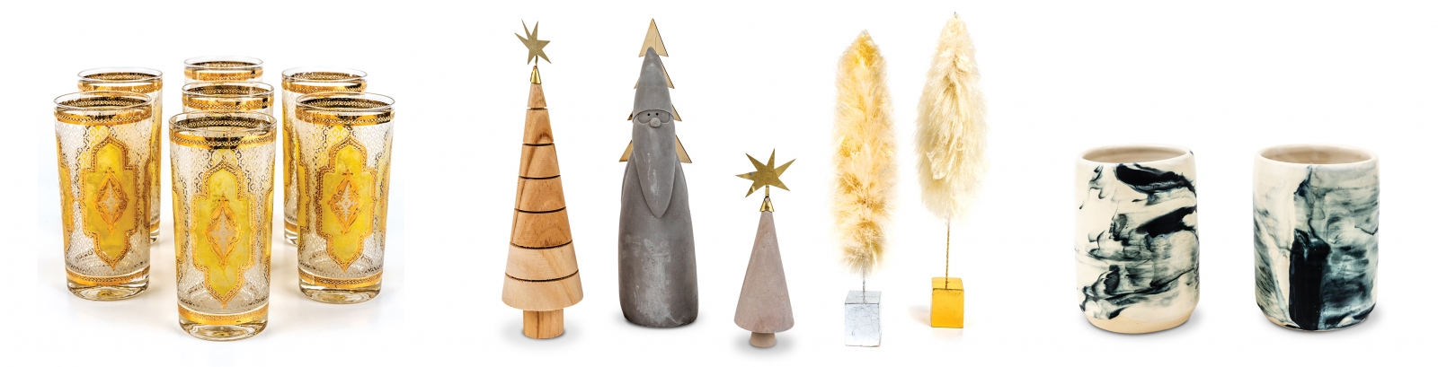 Moroccan vintage glasses, $69 for set of seven “These are fun, and add unique style to any bar cart or kitchen.”; Cement Santa, $14.95; wooden trees in large ($14.95) and small ($7.95); cream fluffy tree, $44.95 “Holiday decor that’s also whimsical and fun.”; Marble tumbler, $22 “Handmade and stylish ceramics are always a favorite.”