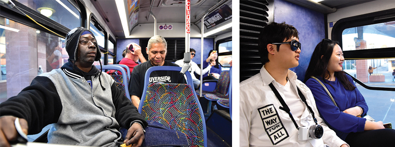 Left: Leonard McKimble and Mitchell Hummingbird Jr. use the transit system for everyday needs. Right: Tourists Cho and Sue Kim find the transit system a convenient way to see the sights.