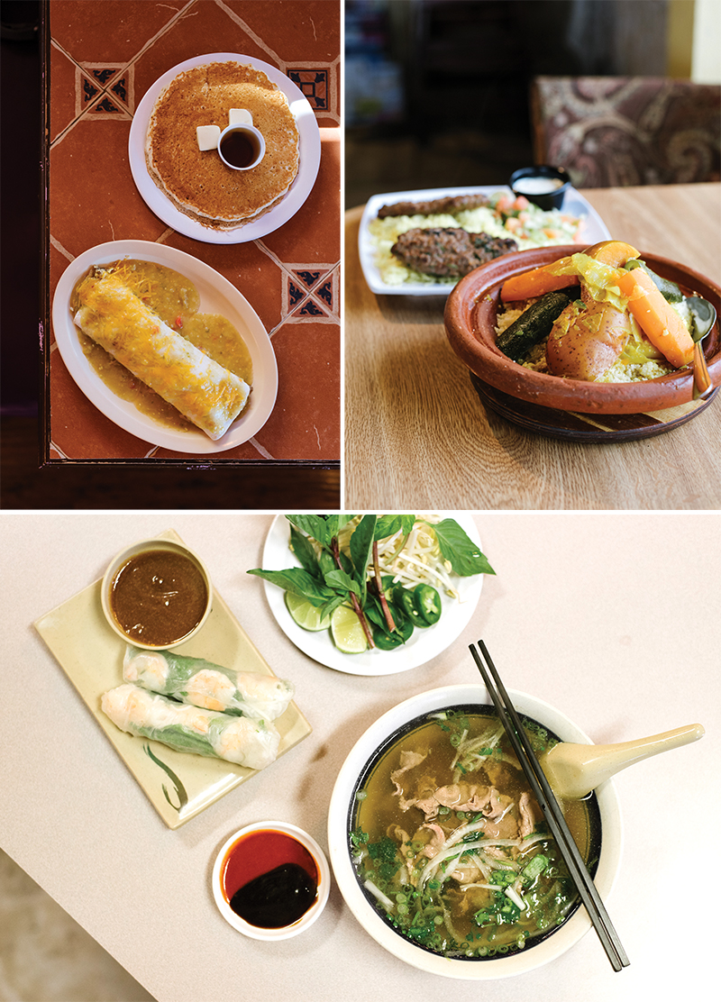 (Clockwise from top left) Rocky Mountain Grill, Cous Cous Cafe, Pho Ca Dao