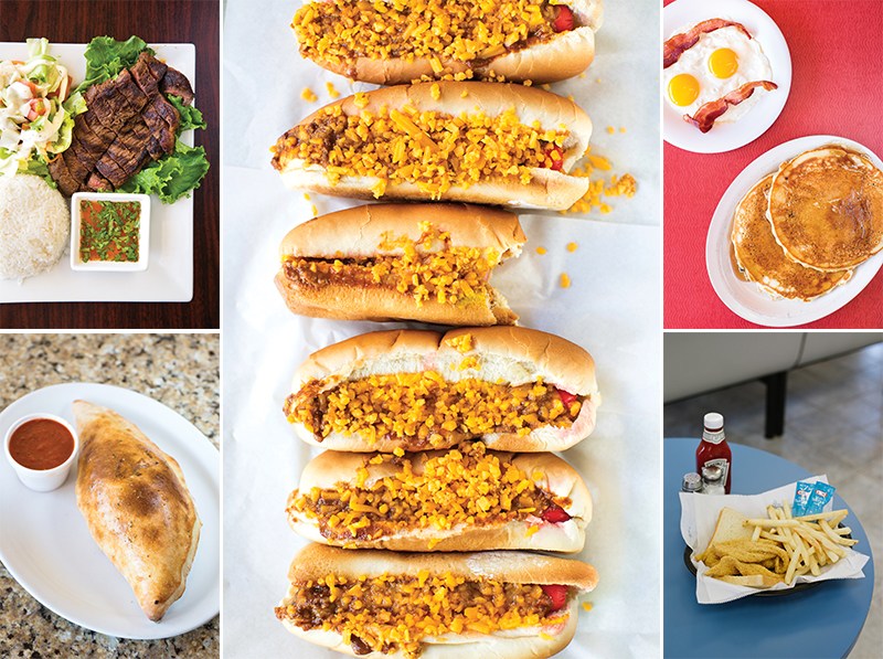 (Clockwise from top left) Four Js, Coney Island, The Diner, Beef & Bun Mr. Catfish, Sandro's
