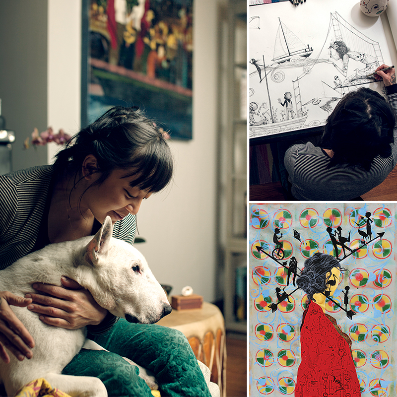 Denise Duong at home with her dog, and working on a sketch - her black-and-white drawing aesthetic gains color in paintings such as “Shallow Graves."