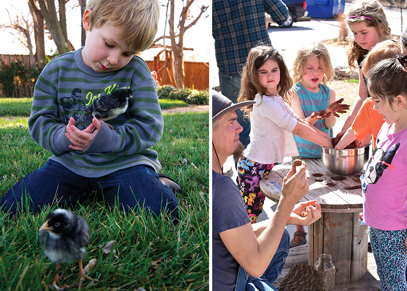Gamble’s son Mason (left) has handled chickens and gathered fresh eggs in the backyard coop most of his life. Paul Mays (right) believes in inspiring a love of gardening in future generations.