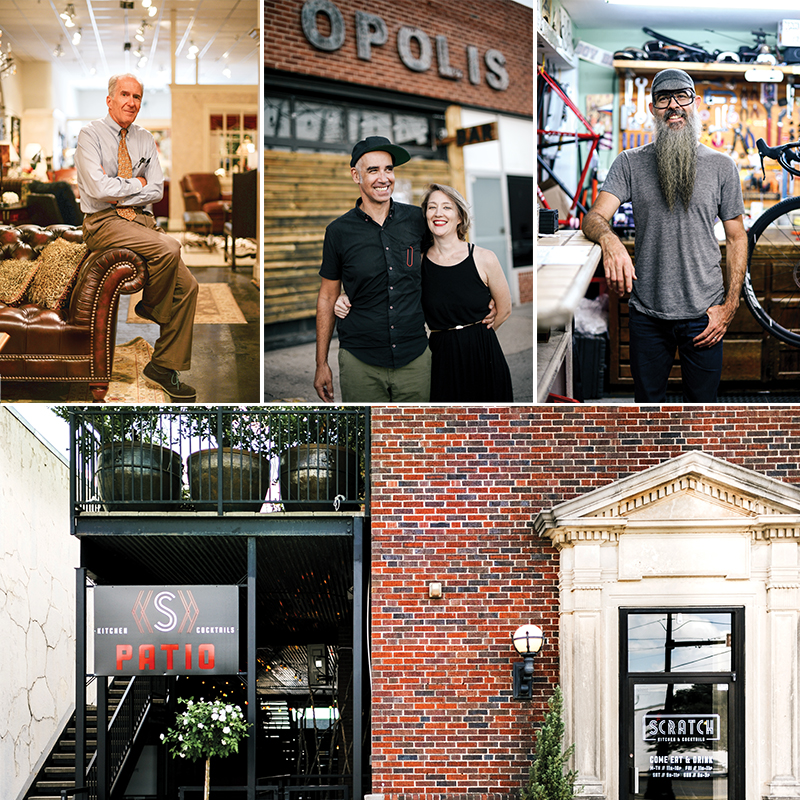 (clockwise from top left) Steve Calonkey of Mister Robert Fine Furniture, // Opolis owners Andy and Marian Nunez // Tobin Vigil, owner of Buchanan Bicycles, a Campus Corner stalwart since 1973 // the delectable Scratch Kitchen + Cocktails