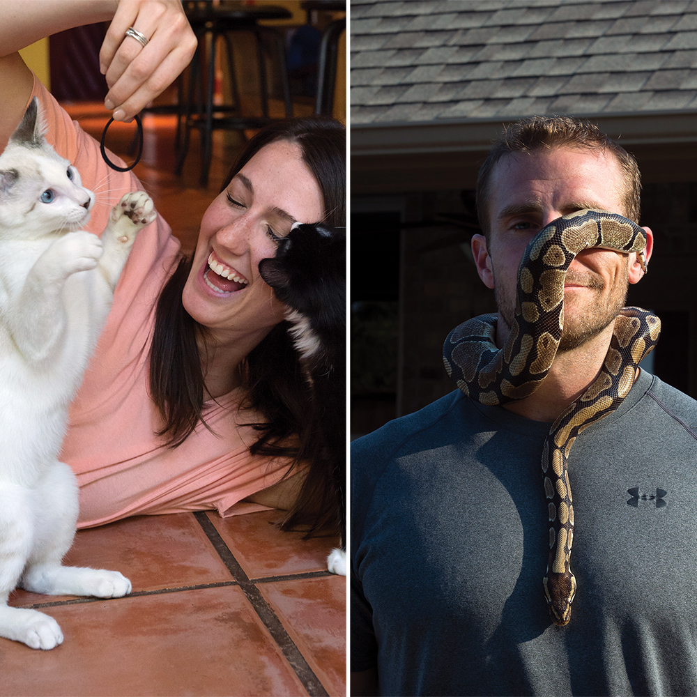 Tasha Elkins plays with Keystone Bleu and Oreo Stache (left) Craig Whitnack and Monté, his 23-year old ball python (right)