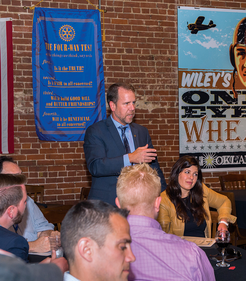 Patrick Gaines speaks to fellow Rotarians at a recent Monday meeting.