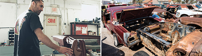 (left) Classic Recreations owner Jason Engle (right) Mustang bodies waiting for a new life
