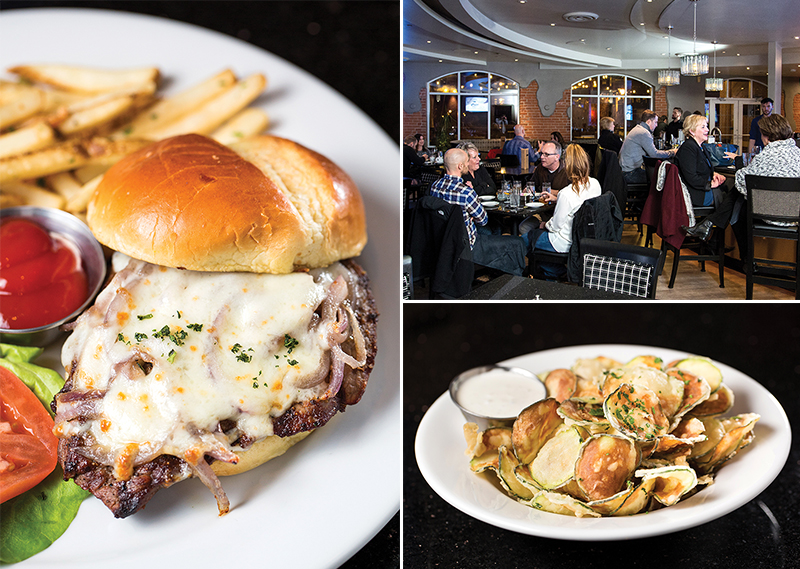 (Clockwise from the left) Beef tenderloin sandwich,the second floor’s Copper Lounge, zuccha chips,