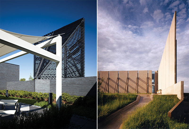 (left) Classen Curve Courtyard and tower view. Photo courtesy Scott McDonald, Hedrich Blessing Photographers (right) K J McNitt Exterior view looking south showing “freestanding” west wall panels. Photo courtesy Robert Shimer © Hedrich Blessing Photographers