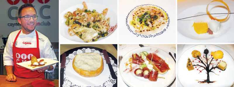 Chef Iván Hernández shows off one of his desserts at the Cayena Kitchen Club demonstration kitchen.