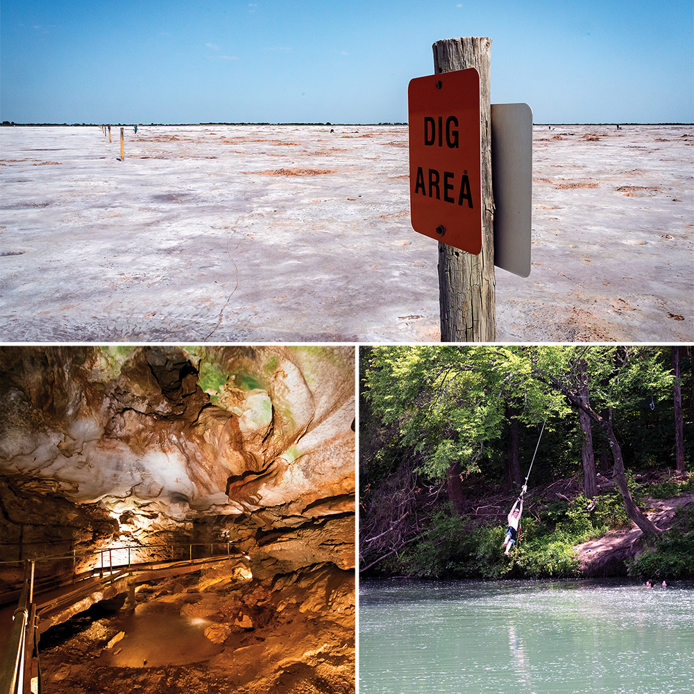 (clockwise from top) Great Salt Plains State Park // The Blue River // Alabaster Caverns State Park