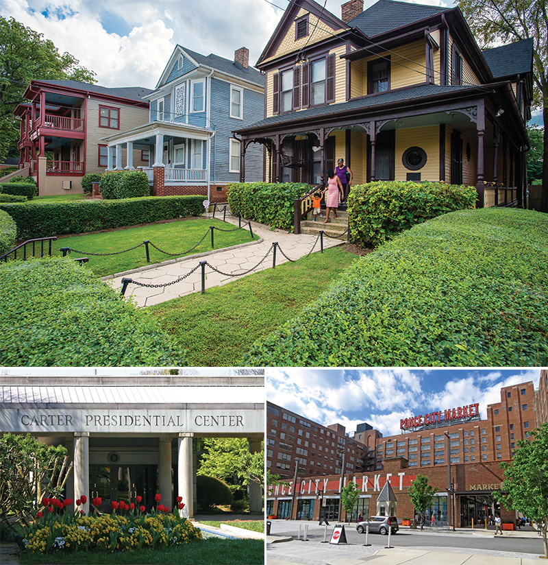 (from top) Martin Luther King Jr. was born in this 1895 Queen Anne-style home and lived there until he was 12. | The Carter Presidential Center houses a museum and archives of presidential materials, including approximately 27 million pages of Jimmy Carter’s presidential documents. | Once the world’s largest Sears Roebuck store, Ponce City Market now houses restaurants, shops, offices and residences.