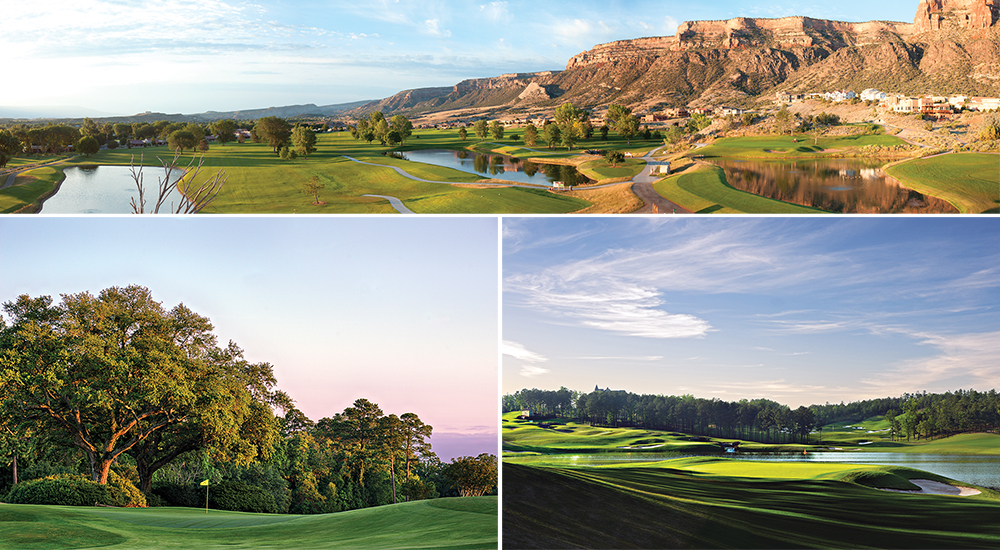 (clockwise from top left) The Tiara Rado Golf Course, Colorado | Ross Bridge | The Lakewood Azalea