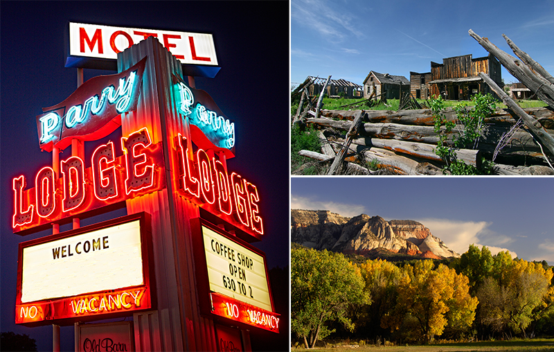 (Clockwise from left) Parry Lodge has been welcoming guests for over three-quarters of a century. | Many “Gunsmoke” episodes were filmed in Johnson Canyon. | Sunset brings out the colors in the cliffs around Kanab.